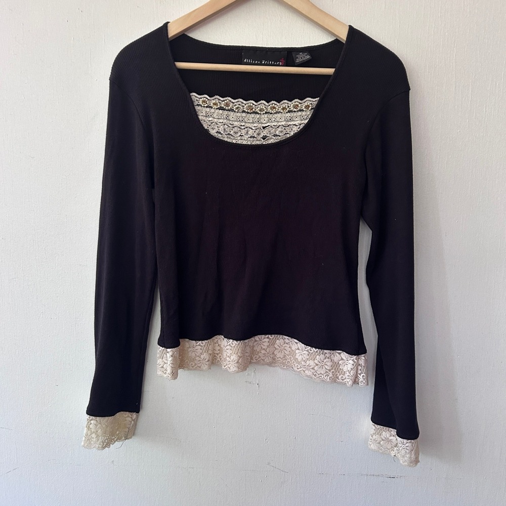 Allison Brittney Y2K Top Women M Black Lace Trim Ribbed Coquette Scoop Neck